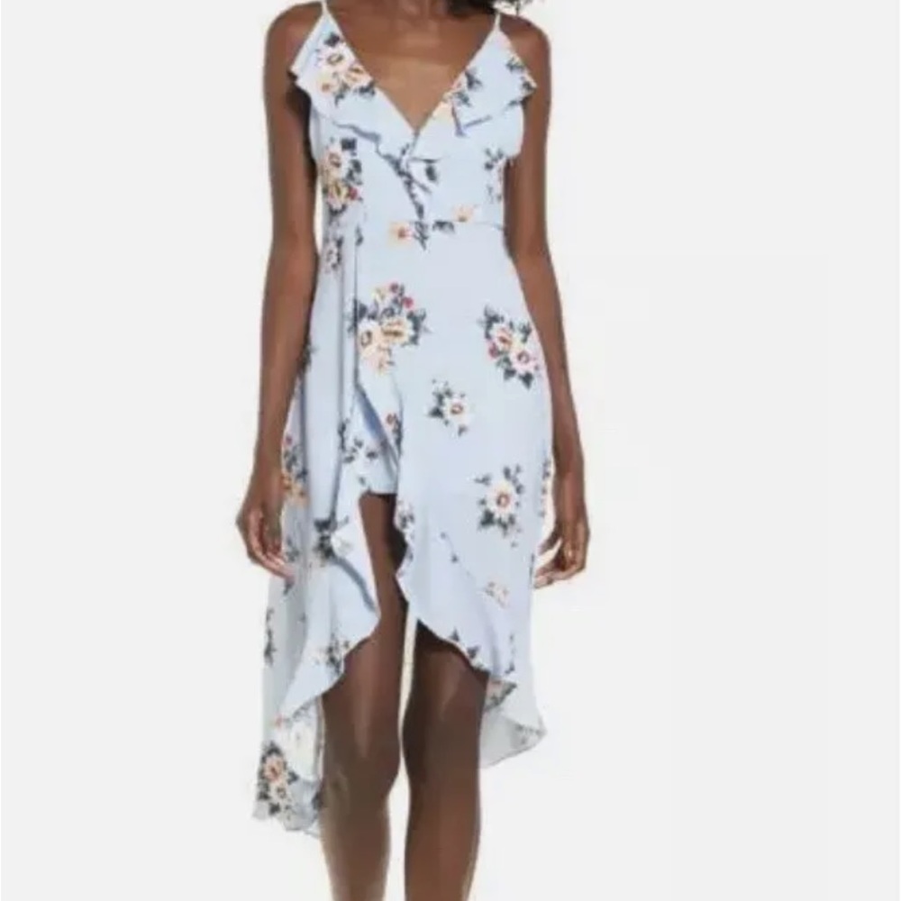 Socialite Pale Blue Floral Wrap High-Low Dress